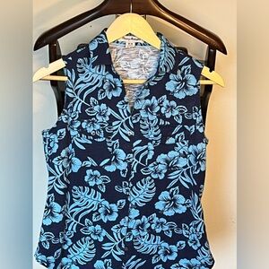Tommy Bahama Navy and Light Blue Sleeveless blouse with Light Blue Floral Print